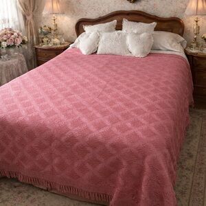 Antique Italian Large Damask Silk 5" Fringe Bedspread Coverlet pink